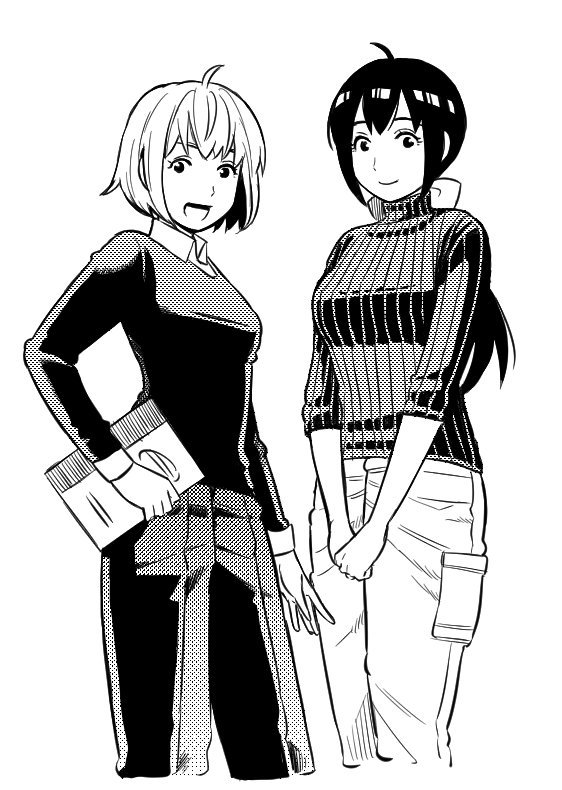 今まで描いた女の子で一番スタイルが良い設定は平凡探偵つきなみの陽村(左)だったんですが、そのへんのアクタの百福(右)の方がよりメリハリ感強めに描いています。 