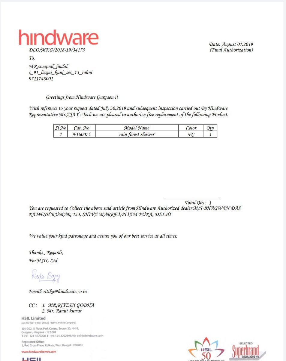 SwapnilJindal's tweet photo. @Hindware_Homes Complaint not quite resolved yet. In spite of all the hassle and the delay only some parts of the product have been replaced instead of a new product as mentioned in the replacement letter. Highly dissatisfied. https://t.co/hFVdjCxvhn