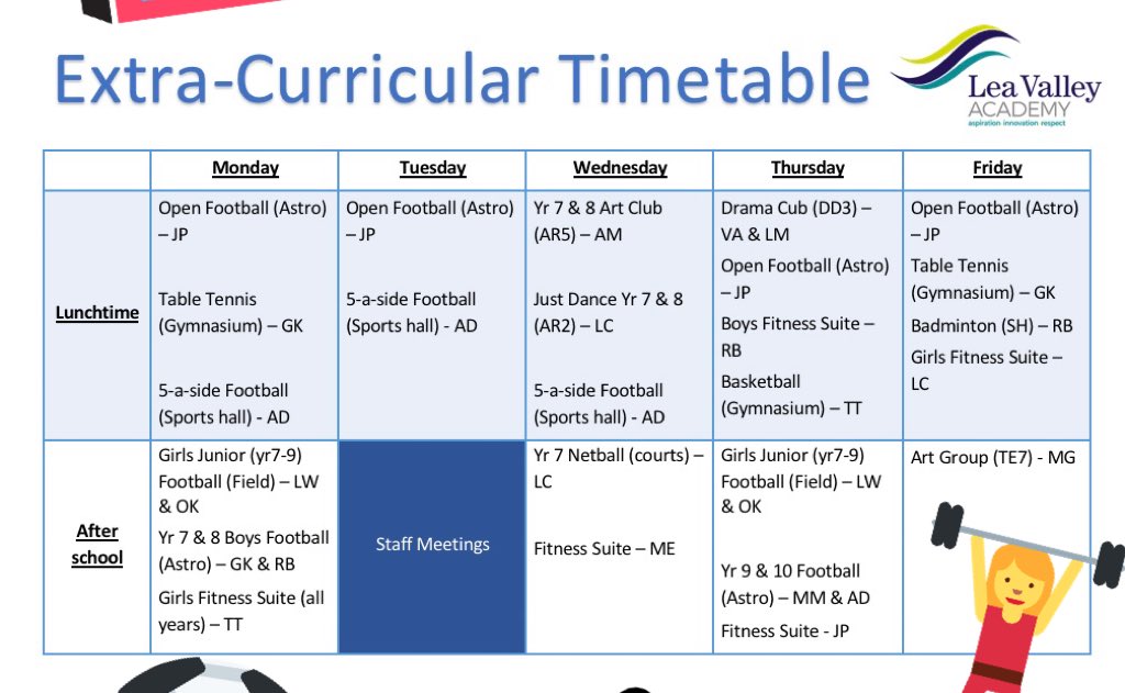 leavalley_PE's tweet photo. @leavalley_PE extra curricular timetable. Take part, make friends and improve your health #takepartinsport #getinvolved #pe #sport #fitness #gym #football #netball https://t.co/qq1QzGj6sy