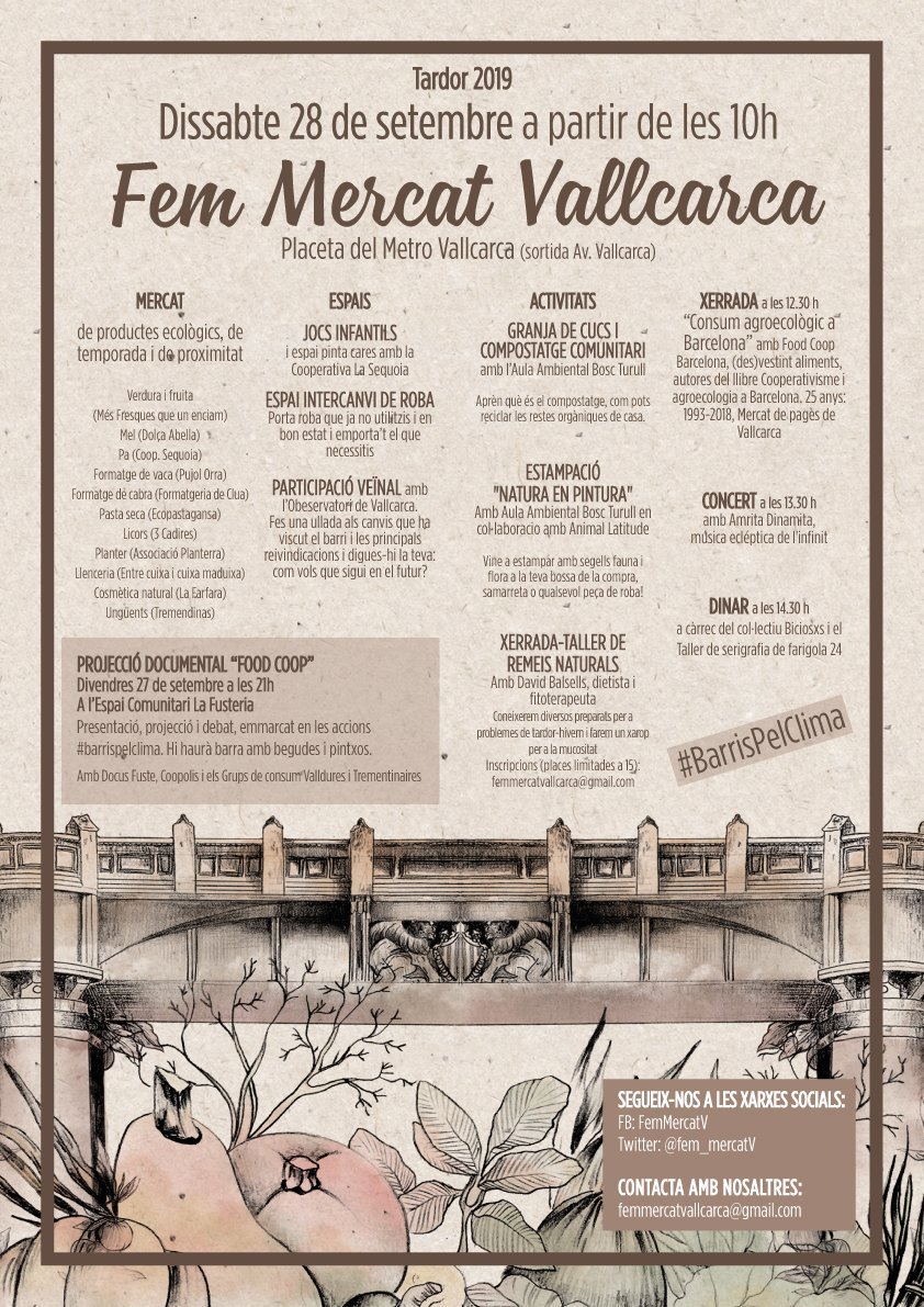 boscturull's tweet photo. Aquest dissabte 28, torna a #Vallcarca el @fem_mercatV !
Consum conscient, paradetes amb productes agroecològics, espai infantil, espai d'intercanvi de roba, compostatge, taller d'estampació, remeis naturals, xerrada, dinar popular, vermut musical...i molt més!
🍆🌶️🥦🍏 https://t.co/SRLiE0YCzz
