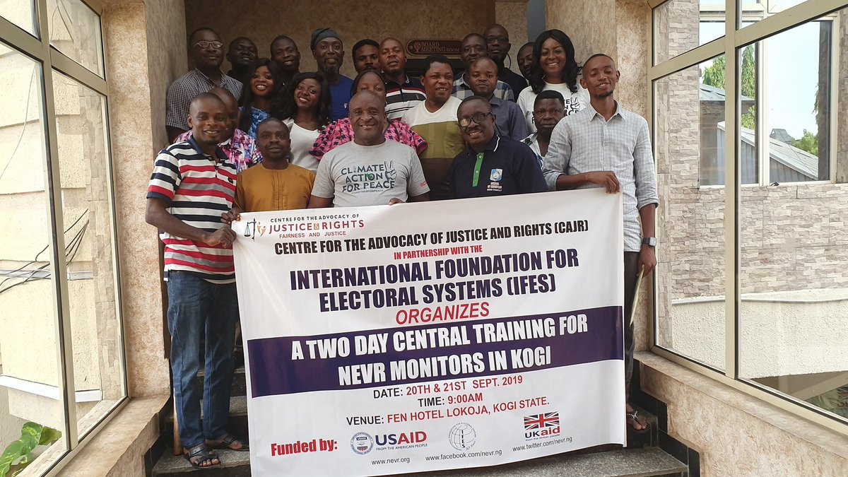 cajrrights's tweet photo. We held a 2day training on Monitoring, Reporting and Documenting of #violence in Kogi, for monitors of @nevrng. This is part of our actions to promote violence free #elections in the coming #KogiElection. This project is in collaboration with @nevrng @IFES1987 @UKaid @USAID https://t.co/RD7bDwqRz1