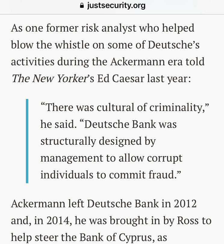 23/ On the Record: I forgot #14 so here’s a pull-quote from #18:“There was cultural of criminality,” said a former analyst. “Deutsche Bank was structurally designed by mngt to allow corrupt individuals to commit fraud.” https://www.justsecurity.org/39409/money-russia-cyprus-trump-teams-odd-business-dealings/  @just_security from the  @NewYorker