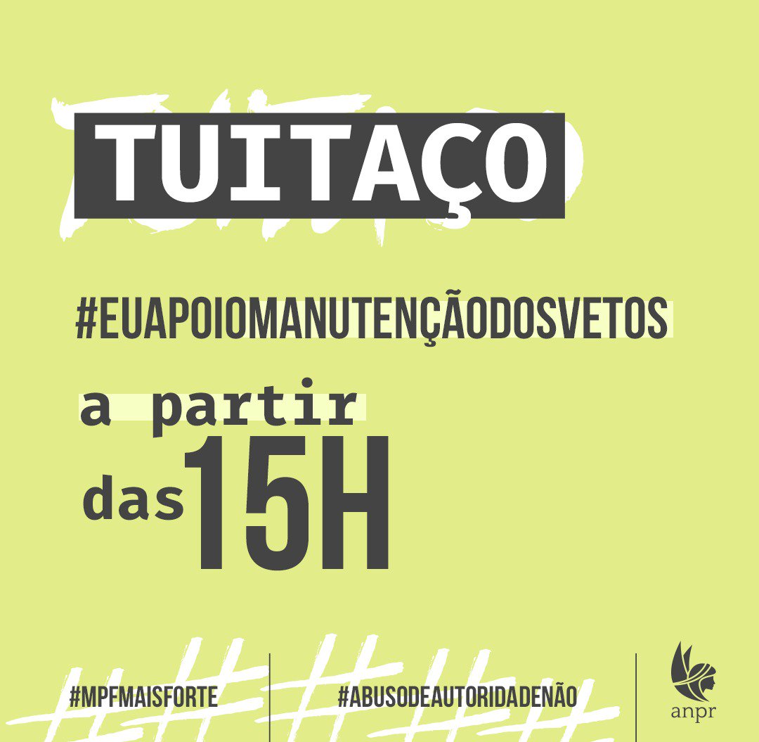ANPR_Brasil's tweet photo. #EuApoioManutençãoDosVetos | A ANPR fará #tuitaço em defesa da manutenção dos vetos ao PL de Abuso de Autoridade, nesta terça (24), das 15h às 17h. 

Participe com a hashtag #EuApoioManutençãoDosVetos e ajude no combate à impunidade em nosso país! https://t.co/zV6ikXOWPO