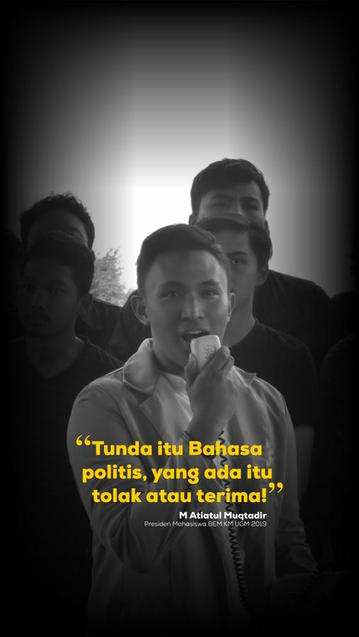 ugmtoday's tweet photo. "Tunda itu bahasa politik, yang ada itu tolak atau terima" Muhammad Atiatul Muqtadir, Ketua BEM UGM https://t.co/3rCvy6FzJE