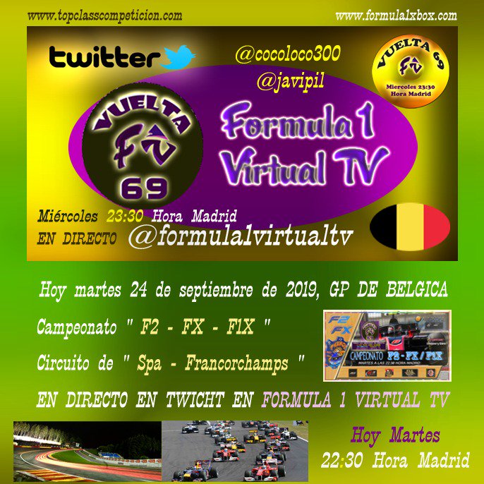 Esta noche 24 de septiembre a las 22:30,nueva entrega del campeonato F2  <a href="/Xbox/">Xbox</a>, gran premio de <a href="/belgica/">belgica cueto pinto</a> con los  monoplazas de f2 y con  el gran comentarista <a href="/formula1virtual/">Formula 1 Virtual</a>  <a href="/cocoloco300/">cocoloco29</a> 
iiiNO OS LO PERDAIS!!😉😉 
twitch.tv/formula1virtual