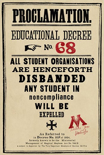 WizardingECU's tweet photo. #OnThisDay, Professor Umbridge disbanded all student organizations through Educational Decree No. 24. Luckily, we're far past that. #WizardingECU https://t.co/2qFQIHrSpi