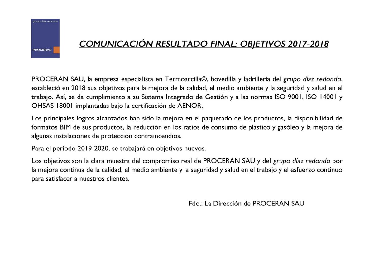 grpdiazredondo's tweet photo. COMUNICACIÓN RESULTADO FINAL: OBJETIVOS 2017-2018

PROCERAN SAU, la empresa especialista en Termoarcilla©, bovedilla y ladrillería del @grpdiazredondo , estableció en 2018 sus objetivos para la mejora de la calidad, el medio ambiente y la seguridad y salud en el trabajo. https://t.co/KGSQT3Wd5L