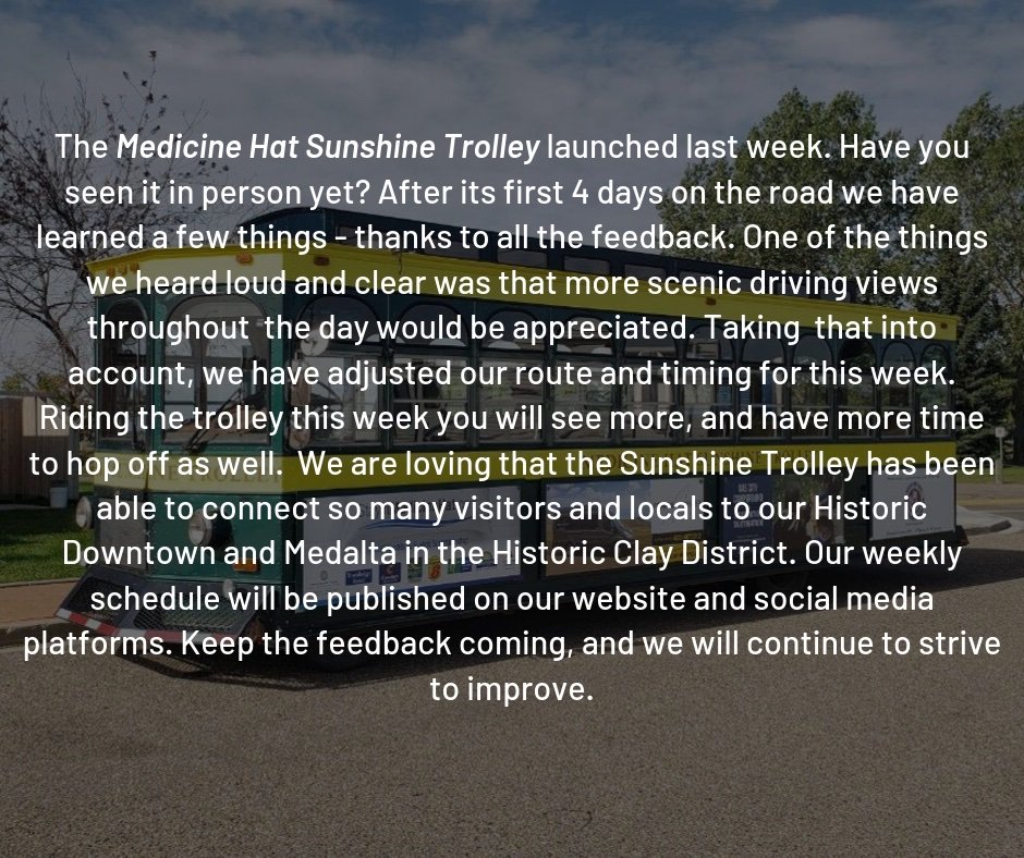 New Schedule for the Medicine Hat Sunshine trolley for Wednesday, Thursday, Friday &amp; Saturday of this week (September 25 - 28) is now on the Tourism Medicine Hat website!
Check here for the weekly schedule!
tourismmedicinehat.com/profile.asp?bP…