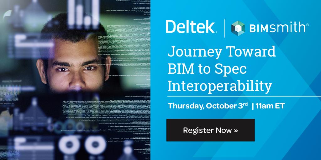 Do you dream of an open ecosystem where #BIM and #specification #data can operate in sync? Join <a href="/Deltek/">Deltek</a> as we discuss our journey toward this reality with our #technology partner <a href="/thebimsmith/">BIMsmith</a>. gag.gl/fHWNV7 #AEC