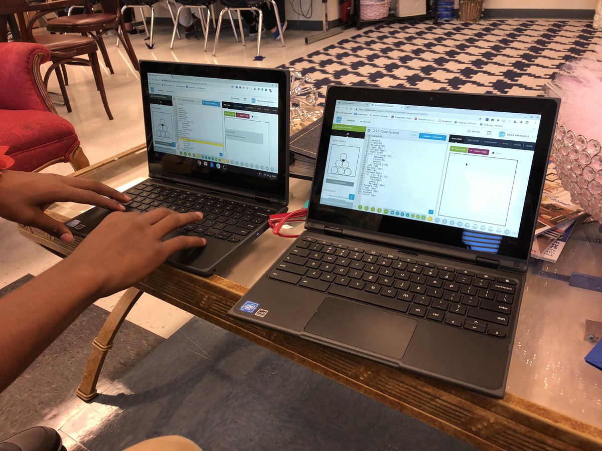 TheEruditePlat1's tweet photo. 8th graders comparing codes in order to debug python on chrome books @codehs.  #Python #code https://t.co/moxJwNCPH3