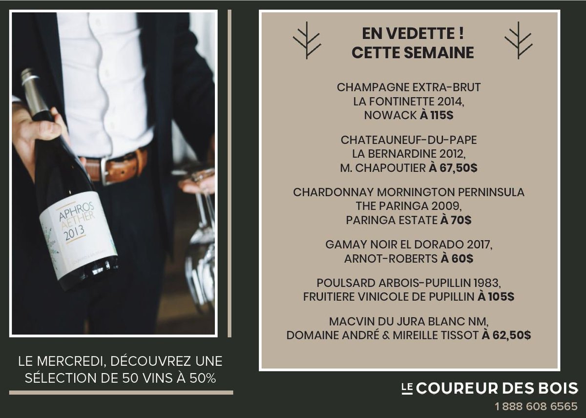 Ajouter ce mercredi à votre agenda !
50% sur une sélection de 50 produits de notre carte des vins, ce mercredi de 17h à 22h.

Agence Calibré (Nowack)
Galleon (M. Chapoutier)
Symbiose-Vins (Arnot-Roberts)
AB2vins (Tissot)