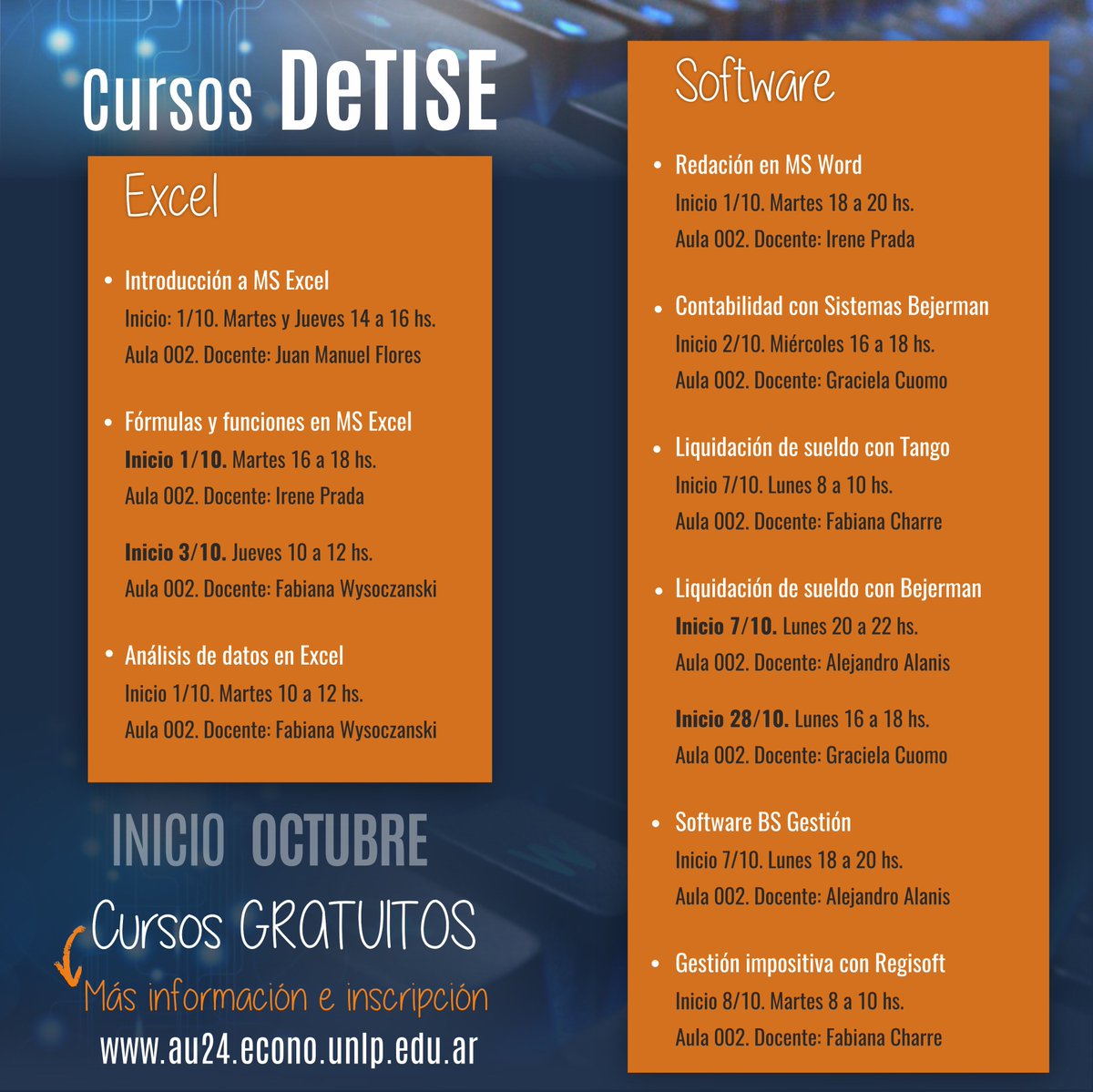economicas_unlp's tweet photo. 🖥️ Cursos #DeTISE - Octubre 📊
Si sos alumno regular de la FCE, podés inscribirte gratis a los cursos organizados por nuestro Departamento de Tecnología Informática y Servicios Educativos.
Más info e inscripción en el campus virtual AU24 ➡️ https://t.co/h9cUOZeBM8 https://t.co/ZozpswaFzI