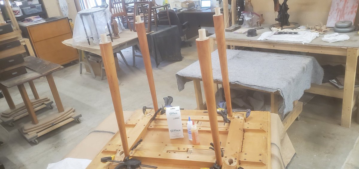 dvrestoration's tweet photo. Mounted the dowels with #GFlexEpoxy on the #PaulMcCobb table legs.  Next we'll reattach to the base. 
#davincirestoration https://t.co/7aGAP2uzwB