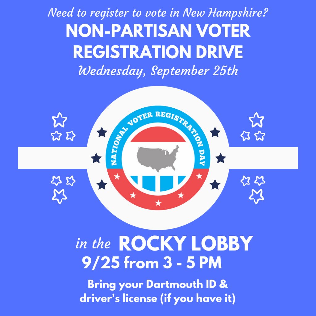 DartDems's tweet photo. Happy #NationalVoterRegistrationDay! 

@ Dartmouth students: stop by the VOTER REGISTRATION DRIVE happening TOMORROW 9/25 from 3-5 pm in the ROCKY LOBBY! Bring your Dartmouth ID (&amp; driver’s license, if you have it) — you have the right to vote in NH, let’s get you registered! 🗳 https://t.co/IXuJHlJGc6