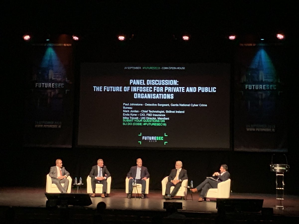 smarttech247's tweet photo. What does the future of #infosec
hold for private &amp; public organisations? Paul Johnstone at #GNCCB,
@M_O_Jordan @skillnetireland,
Enda Kyne - FBD Insurance, and Mike Trevett from @mandiant are now discussing the emerging threat landscape, skills shortage &amp; more 
#FutureSec19 https://t.co/bzUzpljQJ8