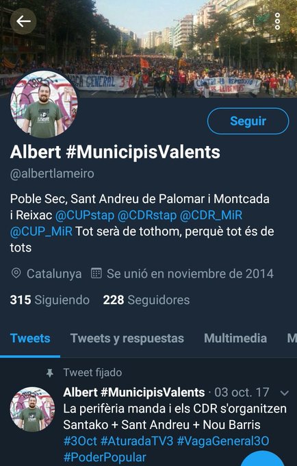  La amenaza del candidato de la CUP Albert Lameiro, número cuatro del partido independentista en Montcada i Reixac, atacó de este modo al analista político Álex Dorado: "Esta noche mira bajo el coche" EFPoncrWsAAiXVi?format=jpg&name=small