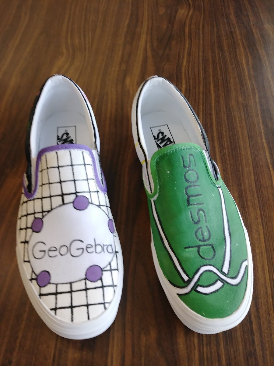 shskaercher's tweet photo. One of my Ss asked me to buy some white canvas @vans. Check out what she did with them!! Now I have @Desmos &amp; @geogebra sneakers!! Thanks @_LaurenPowers_!!

#teachergoals #bestdayever https://t.co/MJUO9oVKWJ