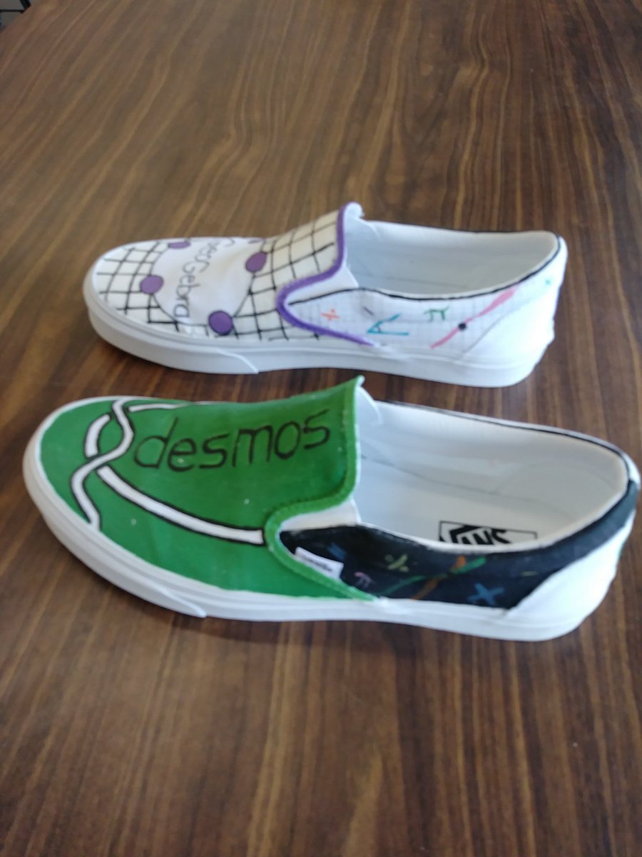 shskaercher's tweet photo. One of my Ss asked me to buy some white canvas @vans. Check out what she did with them!! Now I have @Desmos &amp; @geogebra sneakers!! Thanks @_LaurenPowers_!!

#teachergoals #bestdayever https://t.co/MJUO9oVKWJ