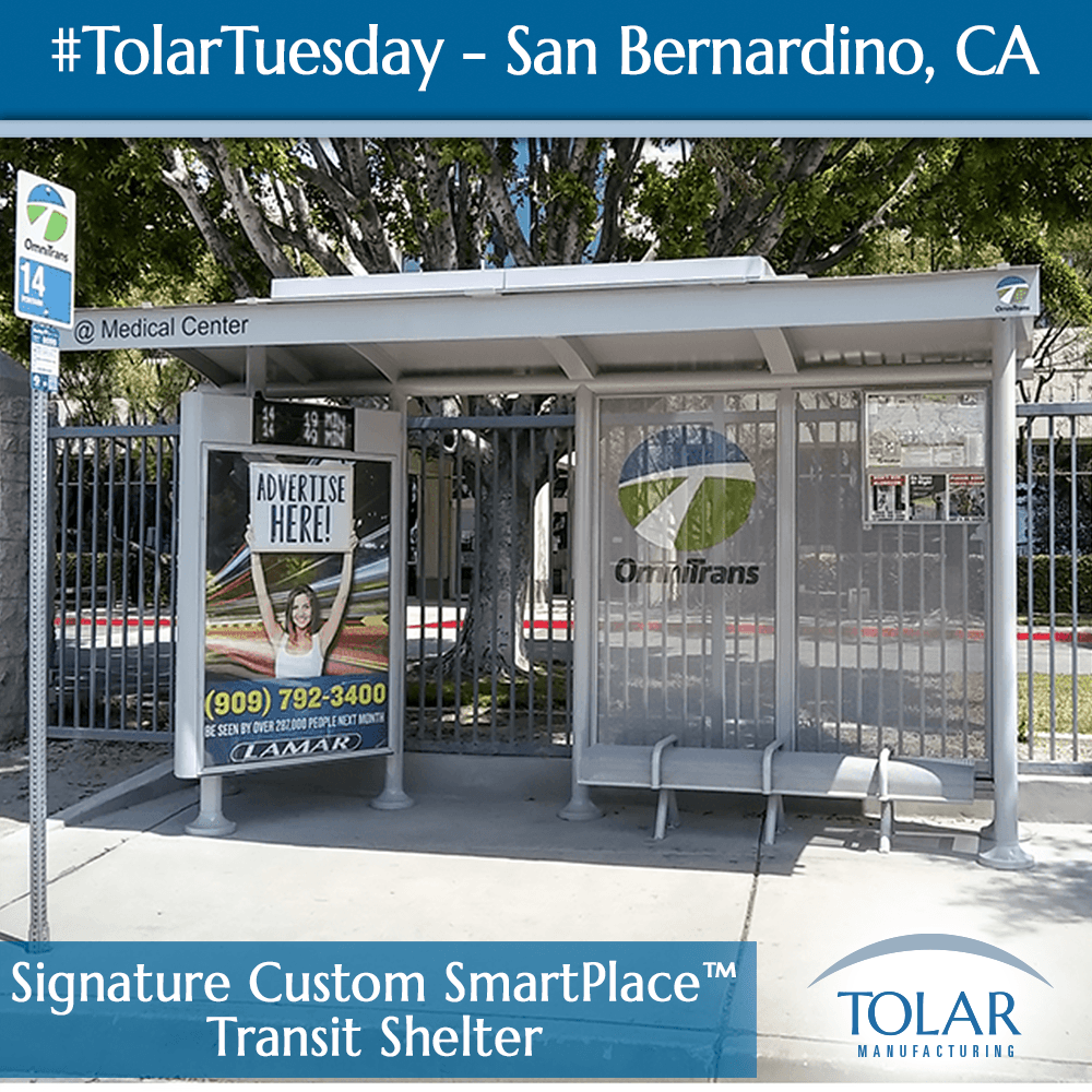 TolarMfg's tweet image. #TolarTuesday - This Signature Custom #SmartPlace 17-ft advertising #transit shelter serves @Omnitrans in San Bernardino, CA. Incorporating technology solutions the two-door media display kiosk includes real-time passenger info and built-in solar power on the custom radius roof.