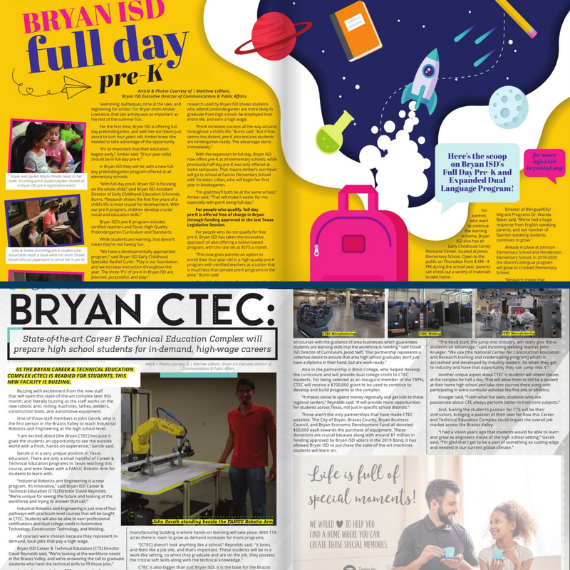 BryanISD's tweet photo. Did you know the latest edition of Brazos Family Magazine features back-to-back two-page spreads about Bryan ISD? Pick up a copy &amp; check out pages 10-13 to learn more about our amazing Full-Day PreK options &amp; Bryan CTEC! https://t.co/kdYqCZq309 https://t.co/1qcq5U8PA7