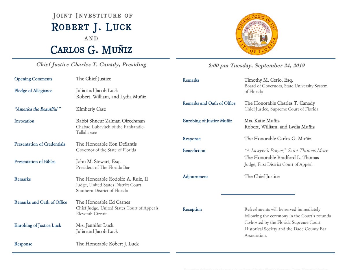 REMINDER: @FLCourts Investiture Ceremony For Justices Robert J. Luck &amp; Carlos G. Muñiz Set For 2 p.m. Today in Tallahassee

We'll be live-tweeting &amp; <a href="/FLBarPresident/">Florida Bar President</a> <a href="/THE_johnstewart/">John M. Stewart</a> will be there!

Event details: facebook.com/events/3016590…

Watch live: facebook.com/floridasupreme…