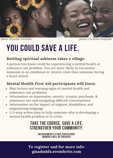 Howdy NYC LGBTQ folks: I’m leading a $Free.99 #MentalHealthFirstAid training next Sat from 9:30-5:30 in Brooklyn. Come learn to assist someone developing a mental health or substance use disorder or in crisis. Bring a friend or yo mama. gmadmhfa.eventbrite.com #mhfa #ThriveNYC