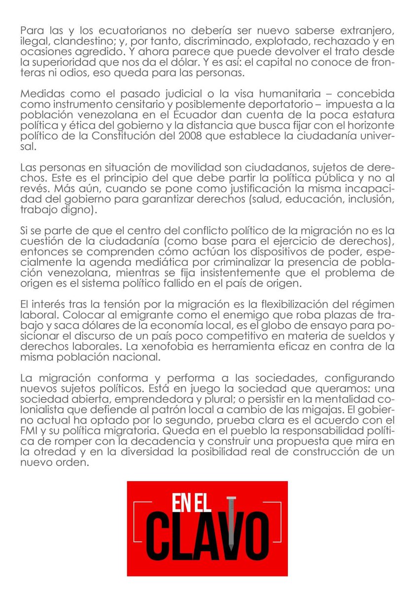 ClavoEc's tweet photo. ARTÍCULO #EnElClavo:
MIGRANTES: LA ERRANCIA INFINITA
por @alfonsoquito

#Opinión #Debate #Izquierdas #Propuestas #Coyuntura #Política https://t.co/EGaZbQnGCB