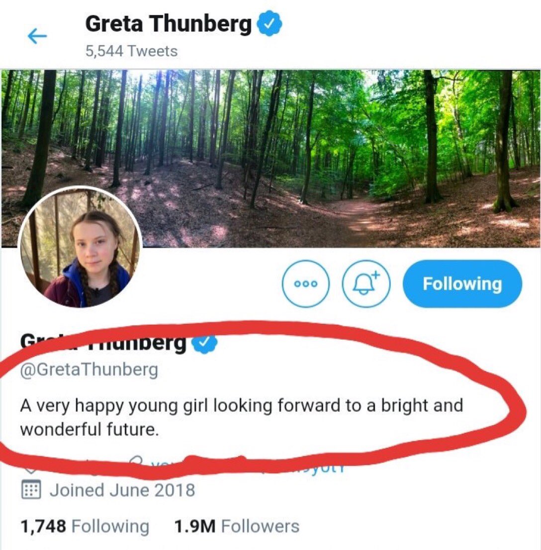 niclasingestrom's tweet photo. @evahoglin @RobX_SWE @carinabergfeldt Kolla in Gretas nya Twitter Bio 😃 ”When a 16 YO trolls the potus like a BOSS!” Skrev någon på hans inlägg. https://t.co/9avBr3bWg1