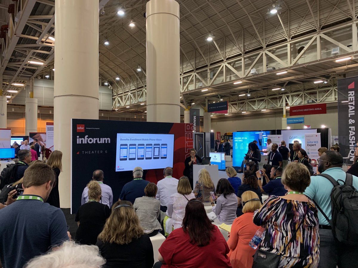ajihlen's tweet photo. Paula Black draws a crowd showing mobile benefit enrollment @Inforum2019 #inforhcm https://t.co/7LKj9d6sk4