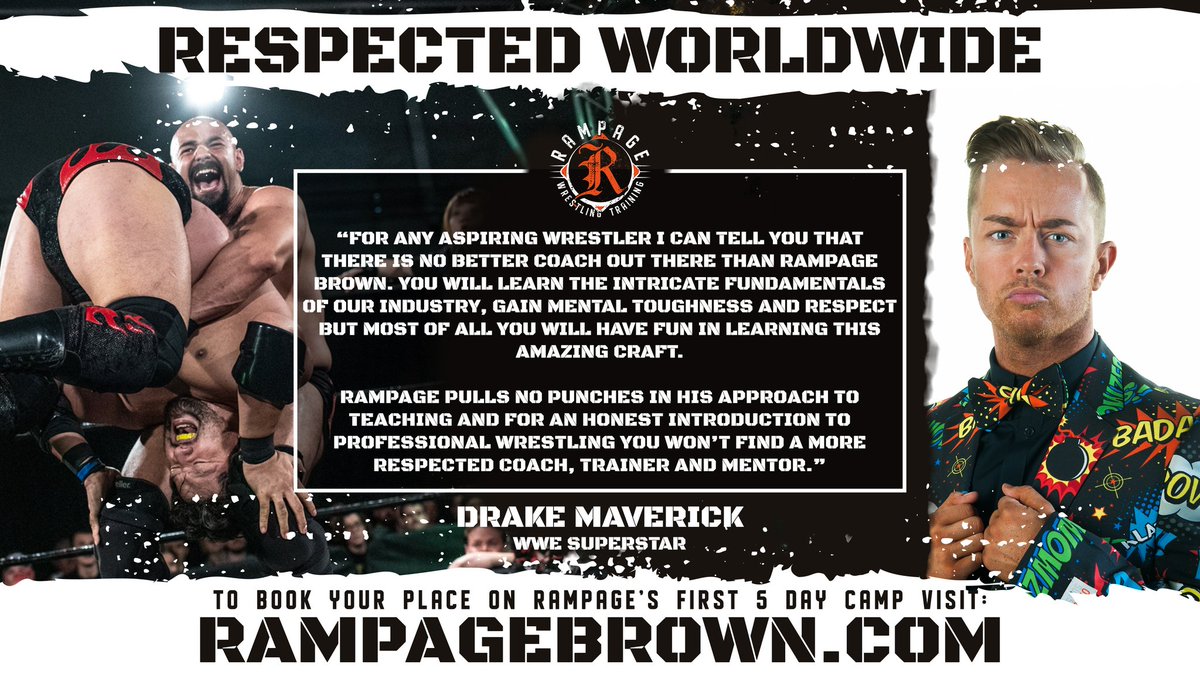 RampageTraining's tweet photo. Here's why you should train with Rampage Brown courtesy of WWE superstar Drake Maverick @WWEMaverick.

Sign up NOW for Rampage's weeklong camp at https://t.co/Jfo4NmJx3i !

#RespectedWorldwide https://t.co/P82csjfEo1