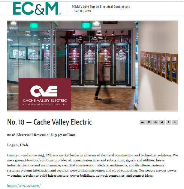 WeAreCVE's tweet photo. Just released. CVE named EC&M's No. 18 Electrical Contractor in the nation. https://t.co/Fa6RpE2WGu #electricalconstruction #heavyindustrial #signalandutility #lineandsubstation #teledata #audiovisual #DAS #ITsolutions #AVTEC #cloudsolutions #groundtocloud #smartbuilding https://t.co/lDsHJLA4ik