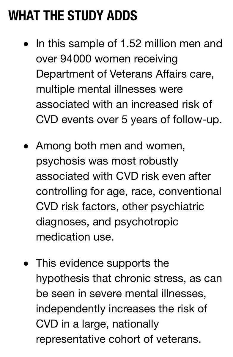 CircOutcomes's tweet photo. In 1.6 million veterans, multiple mental illnesses associated with 5-yr CVD outcomes 
Veterans with more severe forms of mental health disorders, esp psychotic disorders such as schizophrenia, had the highest cardiovascular risk
https://t.co/THpn4rg7md
 @CSTS_USU #AHAJournals https://t.co/Pik0P6wmMF