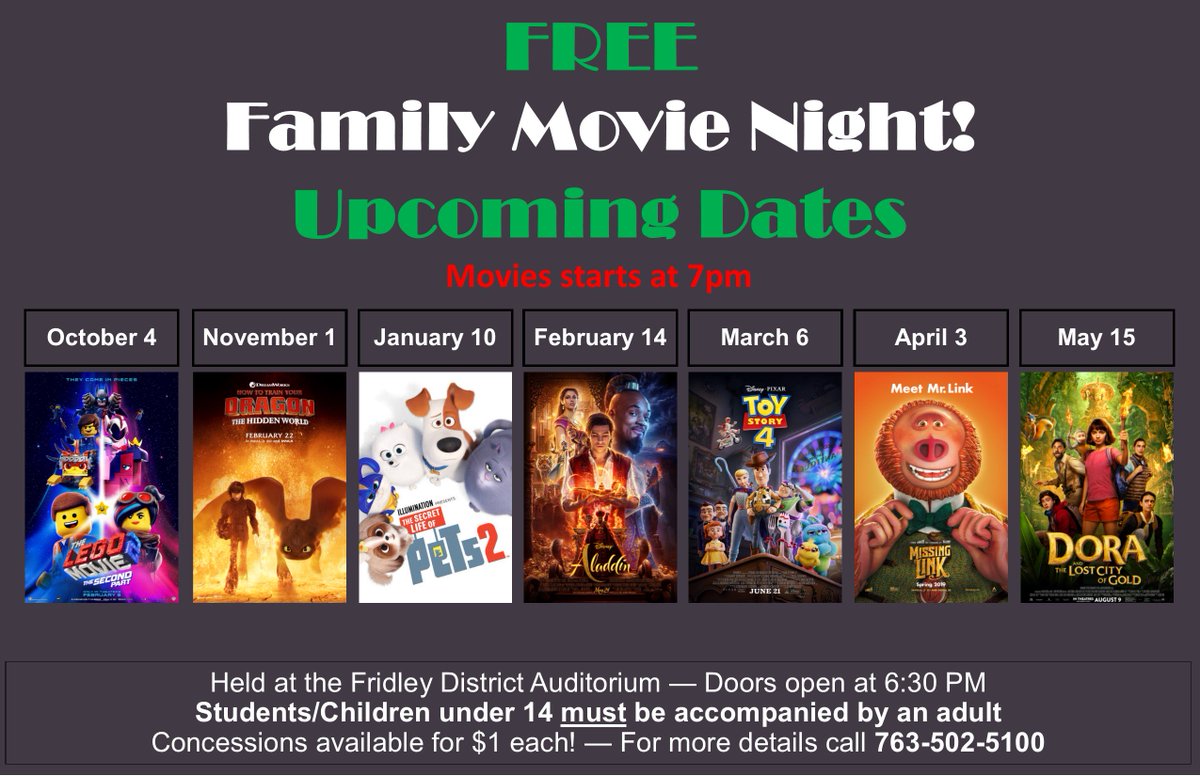 FridleyCommEd's tweet photo. Free Family Movie Night is back starting Friday, October 4th. This is our 8th year of Family Movie Night! Come on out to this fun and FREE family event. Concessions are $1 each or less! https://t.co/QLs8Hi2tIr