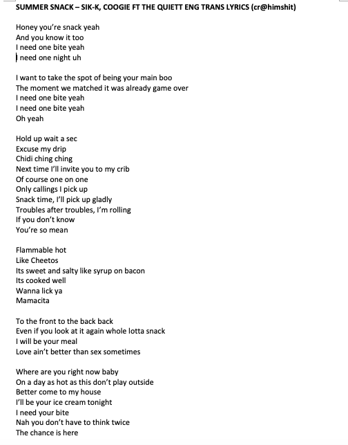 bktarous's tweet photo. no one asked but LYRIC TRANSLATION TO SIK-K AND COOGIE'S SUMMER SNACK FT THE QUIETT cr to me thank you https://t.co/w2wysF9qoq