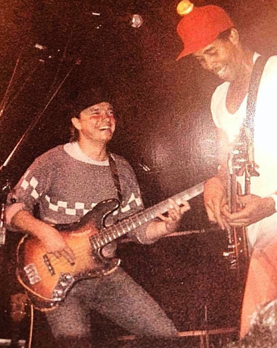 A rare photo of Jaco Pastorius playing live with Stanley Clarke at the Bottom Line in New York in 1984.