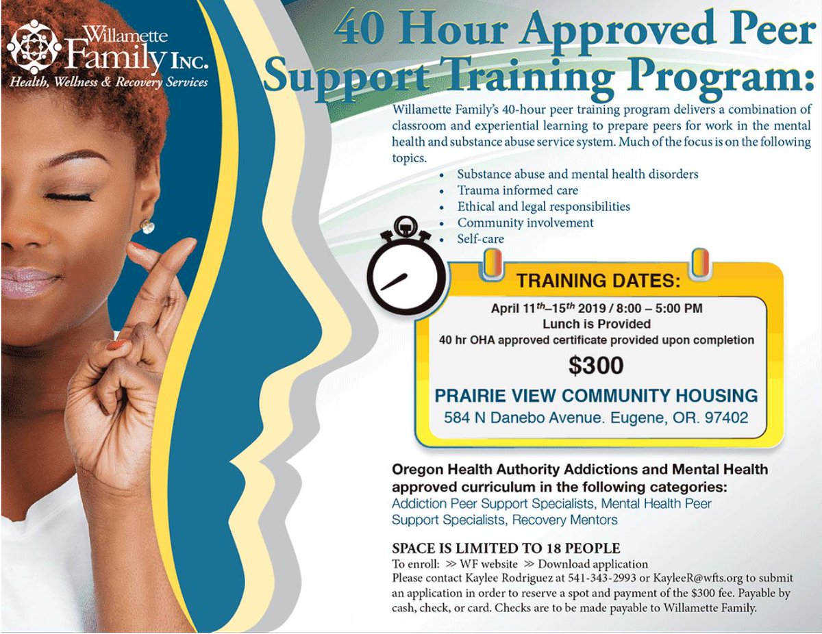 wf_inc's tweet photo. Willamette Family’s next Peer Support Training is scheduled for the week of November 11th. This is a 40 hour training from 8am-5pm Monday thru Friday. This training would be at 584 N Danebo Ave. Eugene https://t.co/sxzSqMtqr7
