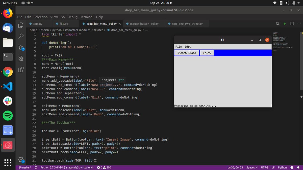 its___ashish's tweet photo. R1/Day63/#100DaysOfCode
Today I learned how to make toolbar and status bar on GUI by Tkinter module in #Python.
Also learned to make a menu and drop-down menu bar. https://t.co/4Kbyq0Puab
