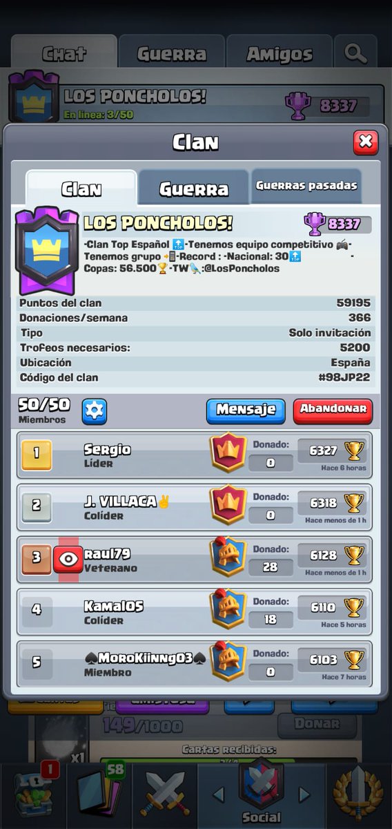 ▶AVISO 📛
▶Buscamos jugadores para nuestro clan 🔝.
▶Requisitos:
- Tener +5600 🏆 de Record.
- Tener +50 Victorias en guerra 🗡.
- Ser Activo y Donador.

RT 🙏
Gracias 💀