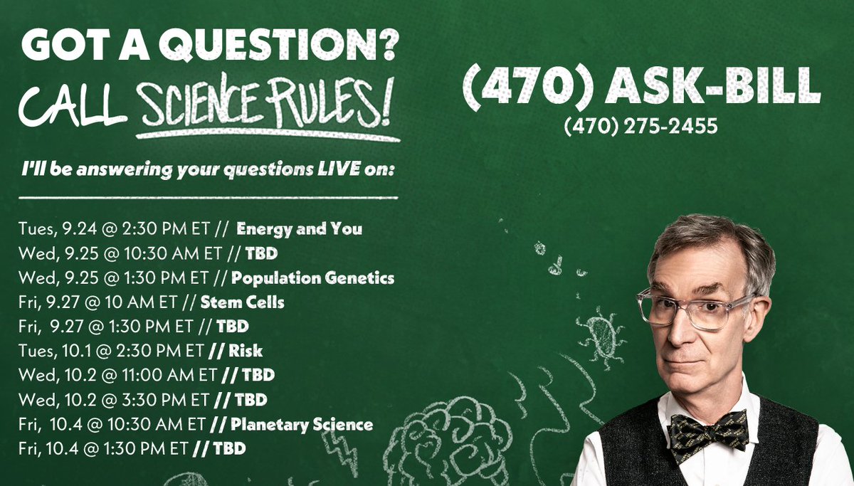 BillNye's tweet photo. Got any questions about sickness, health and your relationship with your germs? We're taking questions today at 1:30 PM ET. Give us a call at 470-ASK BILL. That's 470-275-2455. https://t.co/44sEdYq8oJ