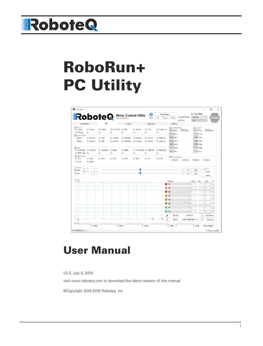 Version 2.0 of our PC Utility is ready for download. It includes updated menus needed for configuring, monitoring &amp; testing the features of the new Firmware. A new screen with a high-speed chart recorder has also been added.

Download: bit.ly/RoborunPCUtili…

#roboteq #robotics