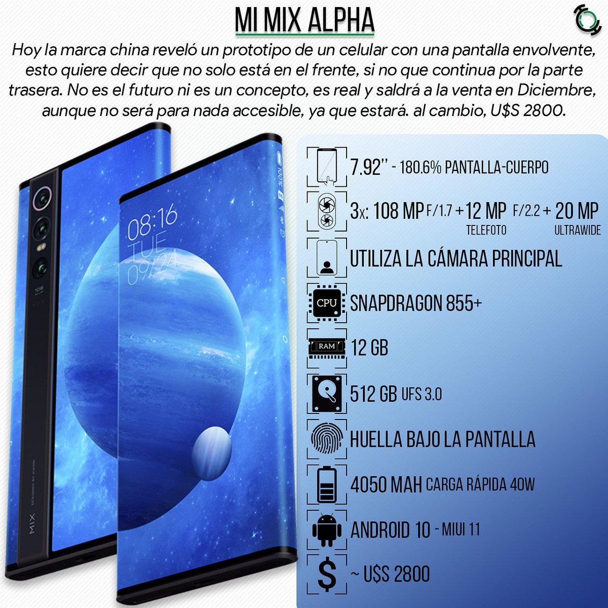 HeizTechno's tweet photo. Hoy #Xiaomi presentó el Mi Mix Alpha, no se trata de ningún concepto. Es real, cuenta con una pantalla "envolvente" que sigue por la parte trasera del equipo, logrando un 180.6% de relación pantalla-cuerpo. Saldrá a la venta en diciembre a, al cambio, U$S 2800 🤯. https://t.co/U0JntGRlam