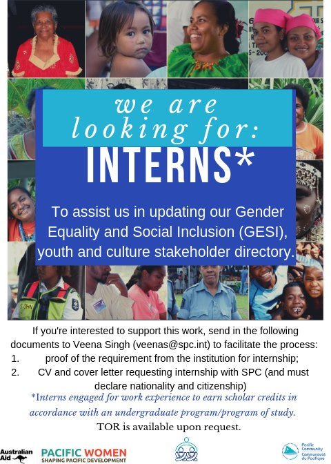 GenderPacific's tweet image. Looking for interns!
send in the following documents to veenas@spc.int 
1. proof of the requirement from the institution for internship (Interns engaged for work experience to earn scholar credits in accordance with an undergraduate program/program of study);
2. CV &amp;amp; cover letter