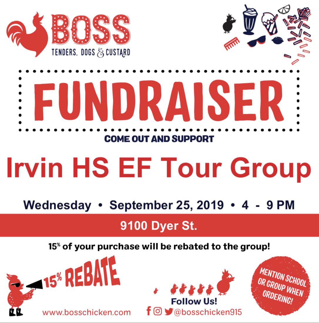 Please come out and support our Irvin High School students who are raising money to go to Europe. Eat dinner at Boss Chicken on Dyer tomorrow!!!!!!! ⁦<a href="/bosschicken915/">Boss Tenders, Dogs & Custard</a>⁩
