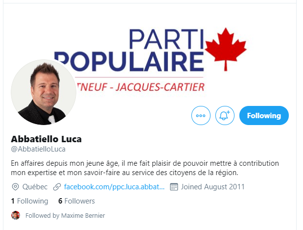 ppclists's tweet photo. Nous venons d’ajouter le compte Twitter de:
We have just added the Twitter account for:

Abbatiello Luca
@AbbatielloLuca
Portneuf-Jacques-Cartier, QC (@PPC_PortneufJC)

à ces listes: / to these lists:
2019 Candidates: https://t.co/HqntTfIfSt
Québec EDAs: https://t.co/DUOJn1odwp https://t.co/ig9tLjzg6S