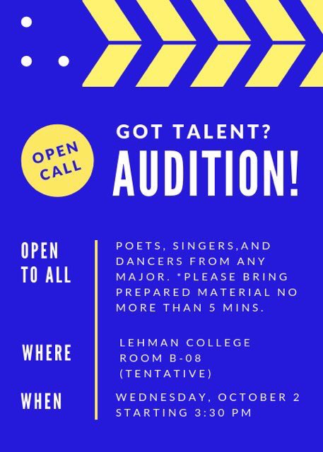 StudentLatinx's tweet photo. Hey hey, October 2nd is an important day! If you want to be apart of our showcase come audition for us in Carman B-08. Our second general meeting is that same day! Can’t wait to see you all! https://t.co/pJz8e8bDcg