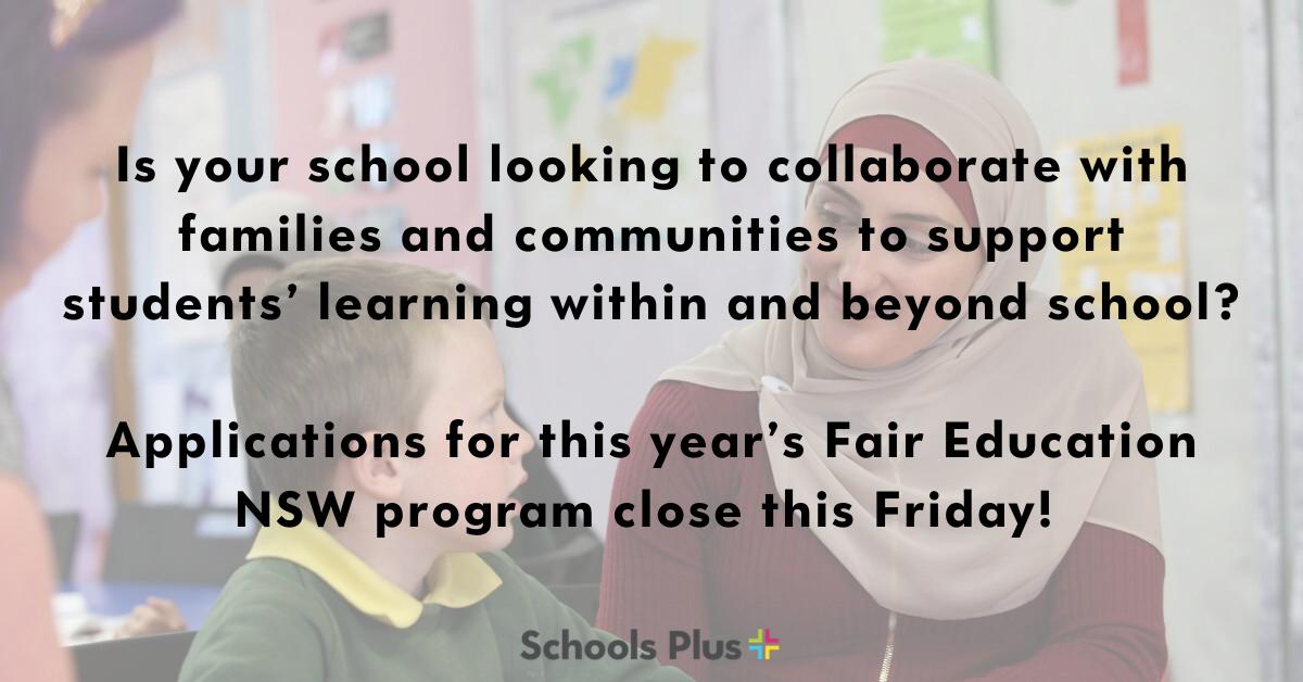AusSchoolsPlus's tweet photo. The clock is ticking! Through our #FairEd #NSW program, your #school could receive up to $70,000 (or $250,000 for school clusters) over three years, for innovative projects that engage #families and #communities to improve #student learning. Apply now https://t.co/KZMPmg65wc https://t.co/ZhWJXtIcxb