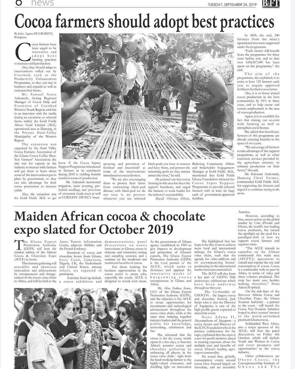 thecocoapost's tweet photo. The countdown is on!
This Business & Financial Times feature tells a bit of what to expect from 4 - 6 October 2019 at the 1st African Cocoa and Chocolate Expo @accexpo @GEPAGhana
#ACCE2019 #ExportGhana #ExportMore #cocoapost https://t.co/us49XjDSBn