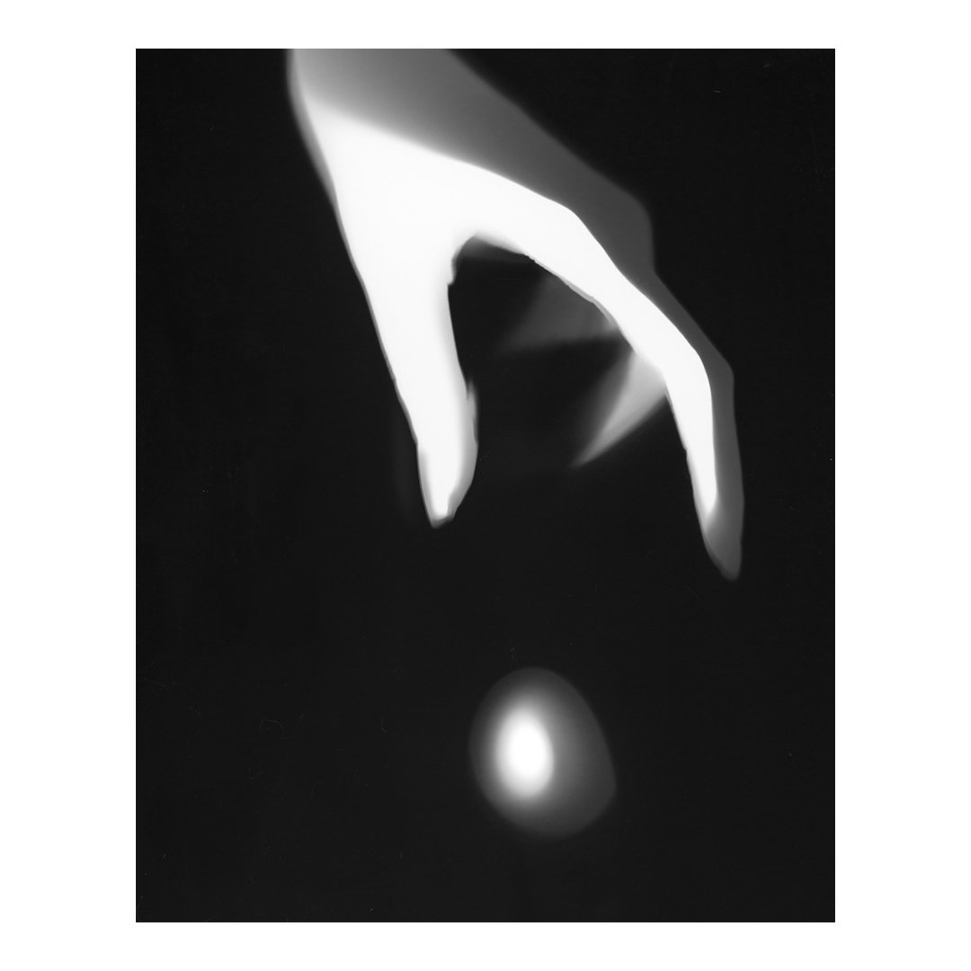 A photogram of a hand. Fine art photography in the exhibition by Shine Huang.  "Rebirth II", 20 x 16 in, Photogram, Edition 1 of 9, 2018.