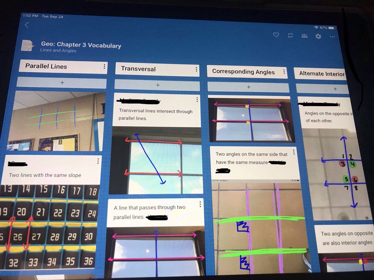 Our Parallel Lines Padlet in Geometry today had students finding examples of all kinds of line and angle relationships in the world around them! <a href="/padlet/">Padlet</a> #gr82batrojan