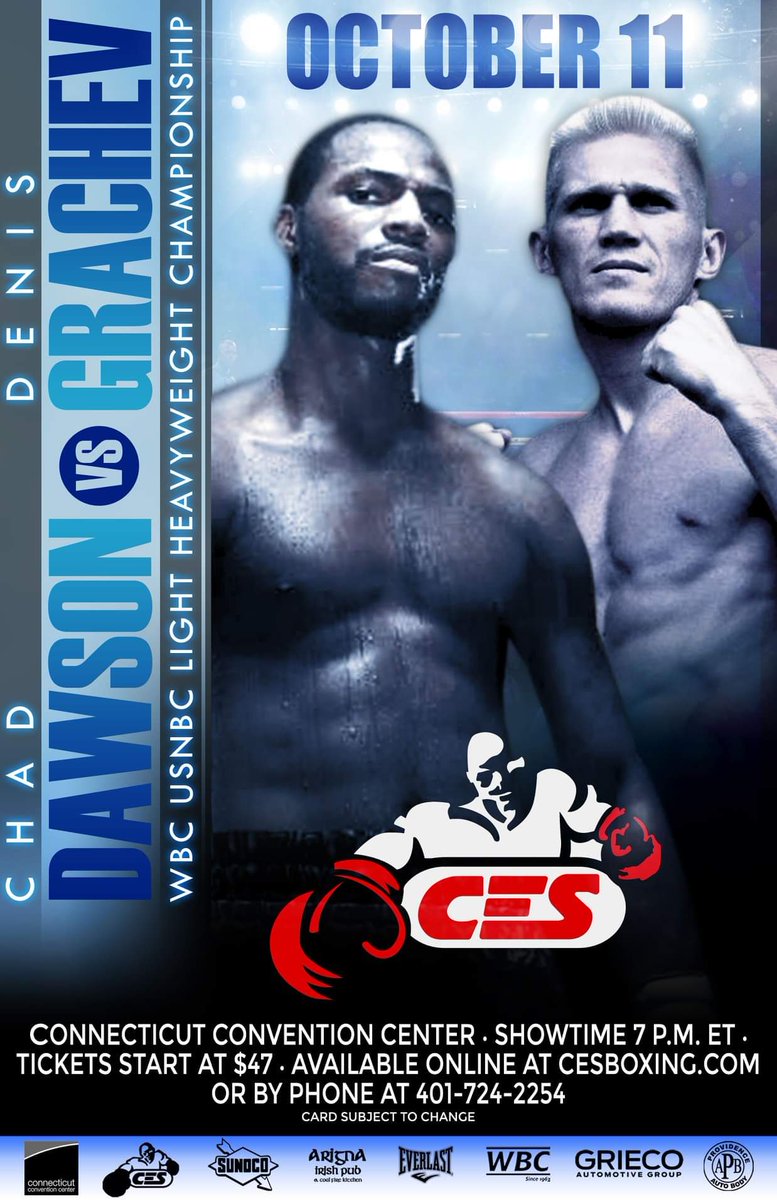 CES Boxing (@cesboxing) on Twitter photo 🇺🇸 <a href="/OfficialBadChad/">Chad Dawson</a> (35-5) & 🇷🇺 <a href="/GrachevDen/">Denis Grachev </a> (19-8-1) lock horns Oct. 11 at <a href="/ctconventionctr/">CT Convention Center</a> for the vacant <a href="/WBCBoxing/">World Boxing Council</a> 🇺🇸 Light Heavy Title, LIVE on <a href="/UFCFightPass/">UFC FIGHT PASS</a>
TICKETS: CESBoxing.com 🇺🇸 <a href="/OfficialBadChad/">Chad Dawson</a> (35-5) & 🇷🇺 <a href="/GrachevDen/">Denis Grachev </a> (19-8-1) lock horns Oct. 11 at <a href="/ctconventionctr/">CT Convention Center</a> for the vacant <a href="/WBCBoxing/">World Boxing Council</a> 🇺🇸 Light Heavy Title, LIVE on <a href="/UFCFightPass/">UFC FIGHT PASS</a>
TICKETS: CESBoxing.com